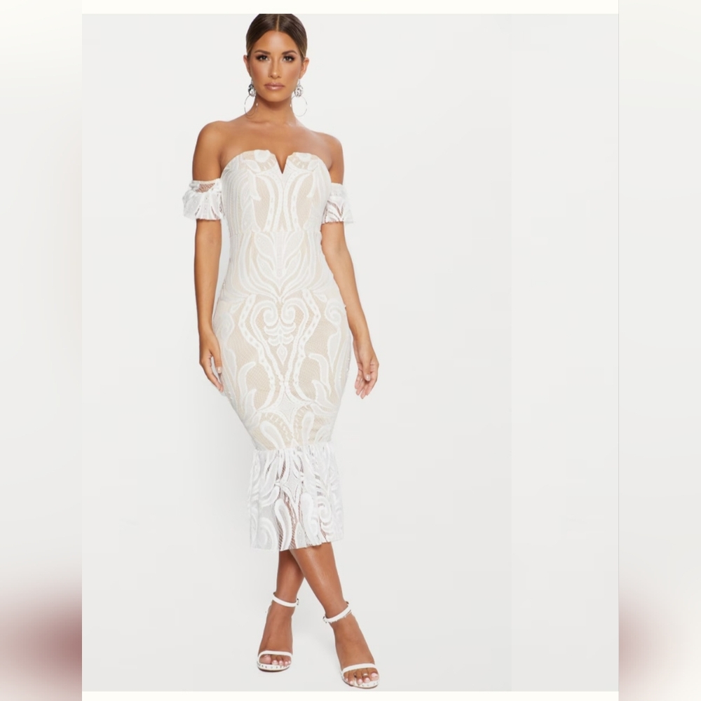 PrettyLittleThing Off-Shoulder White Lace Dress